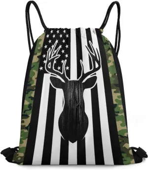 Lightweight Camouflage American Flag Hunting Deer Camo Black Drawstring Bag, Durable Women and men Waterproof Large Capacity Backpack Shopping Storage Pouch with Sturdy Strap