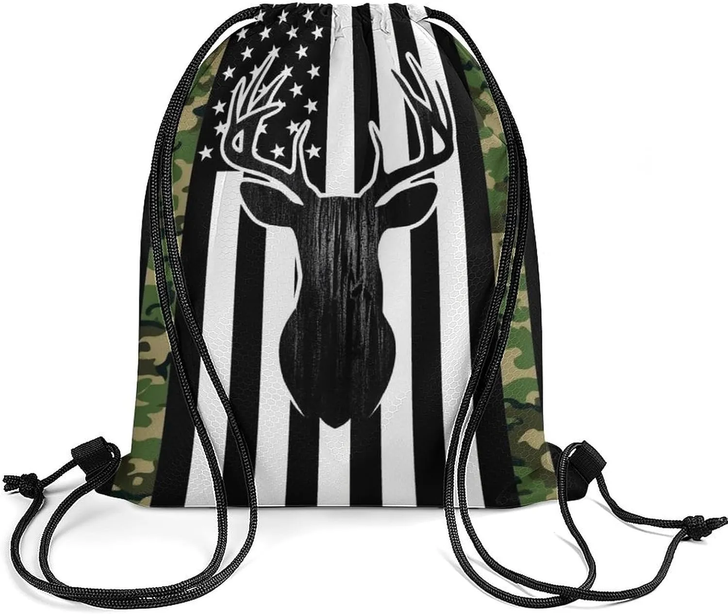 Lightweight Camouflage American Flag Hunting Deer Camo Black Drawstring Bag, Durable Women and men Waterproof Large Capacity Backpack Shopping Storage Pouch with Sturdy Strap