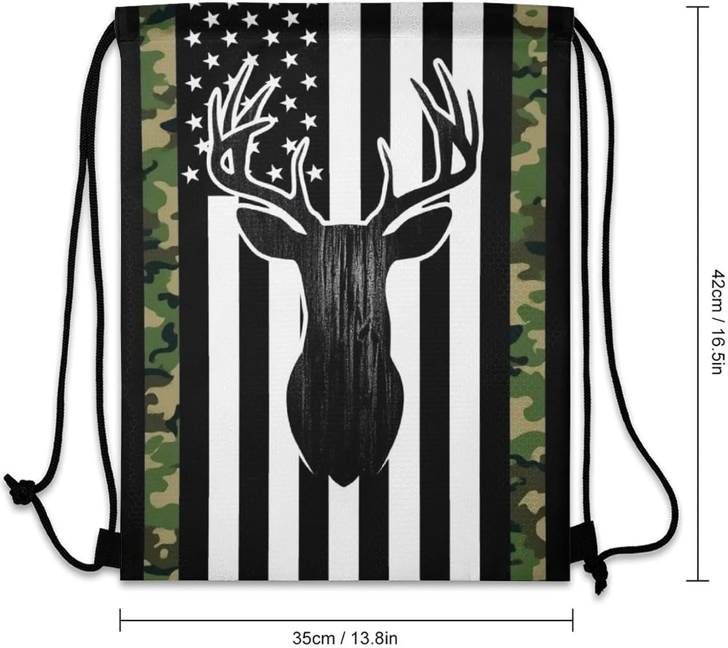 Lightweight Camouflage American Flag Hunting Deer Camo Black Drawstring Bag, Durable Women and men Waterproof Large Capacity Backpack Shopping Storage Pouch with Sturdy Strap