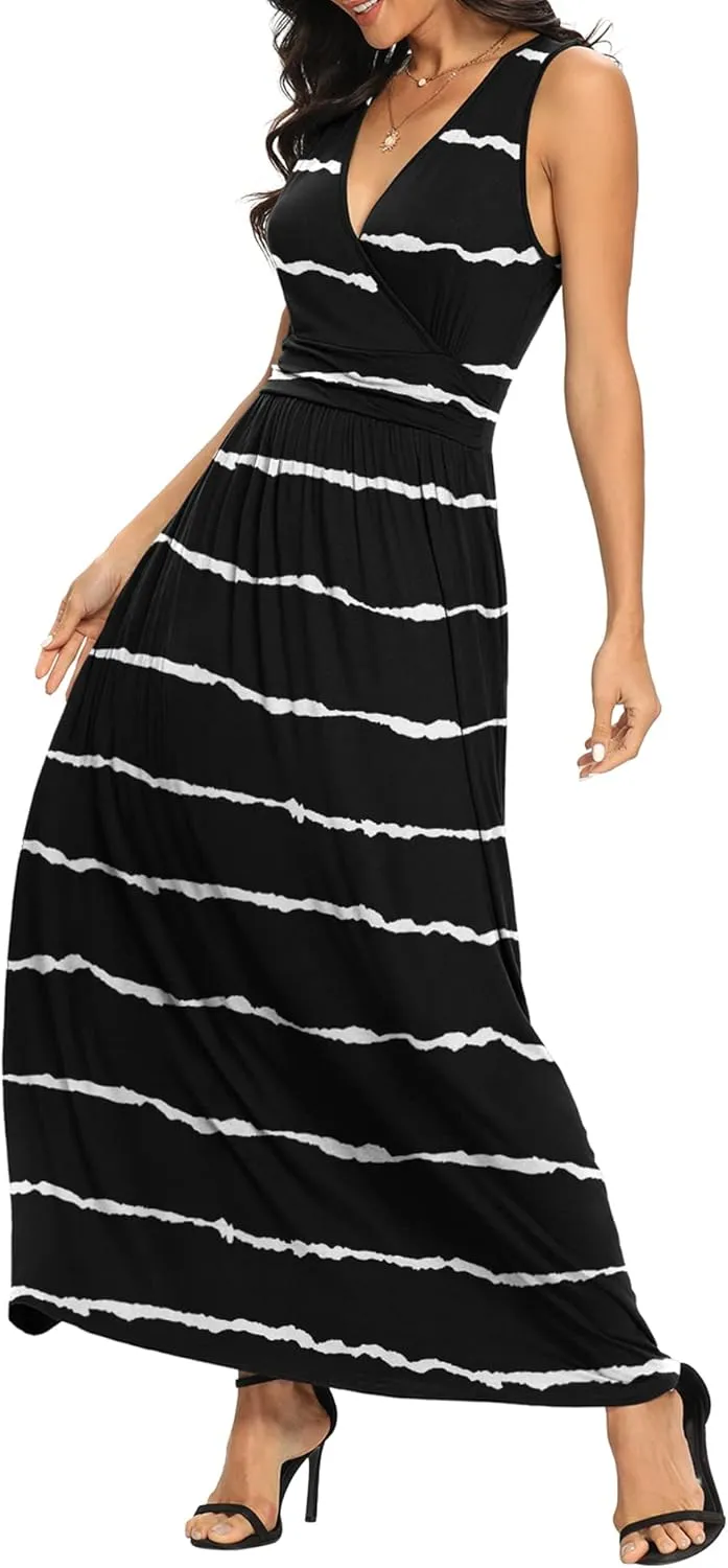 LILBETTER Women Sleeveless Deep V Neck Loose Plain Long Maxi Casual Dress