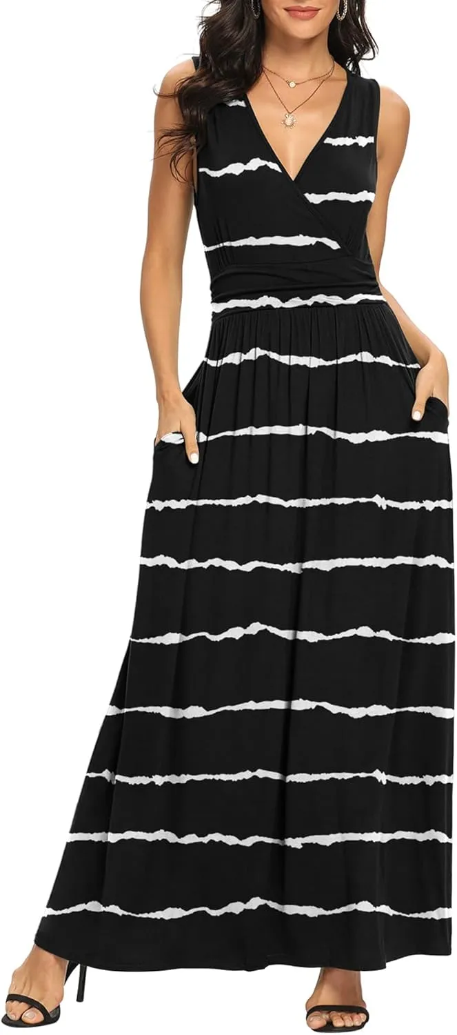 LILBETTER Women Sleeveless Deep V Neck Loose Plain Long Maxi Casual Dress