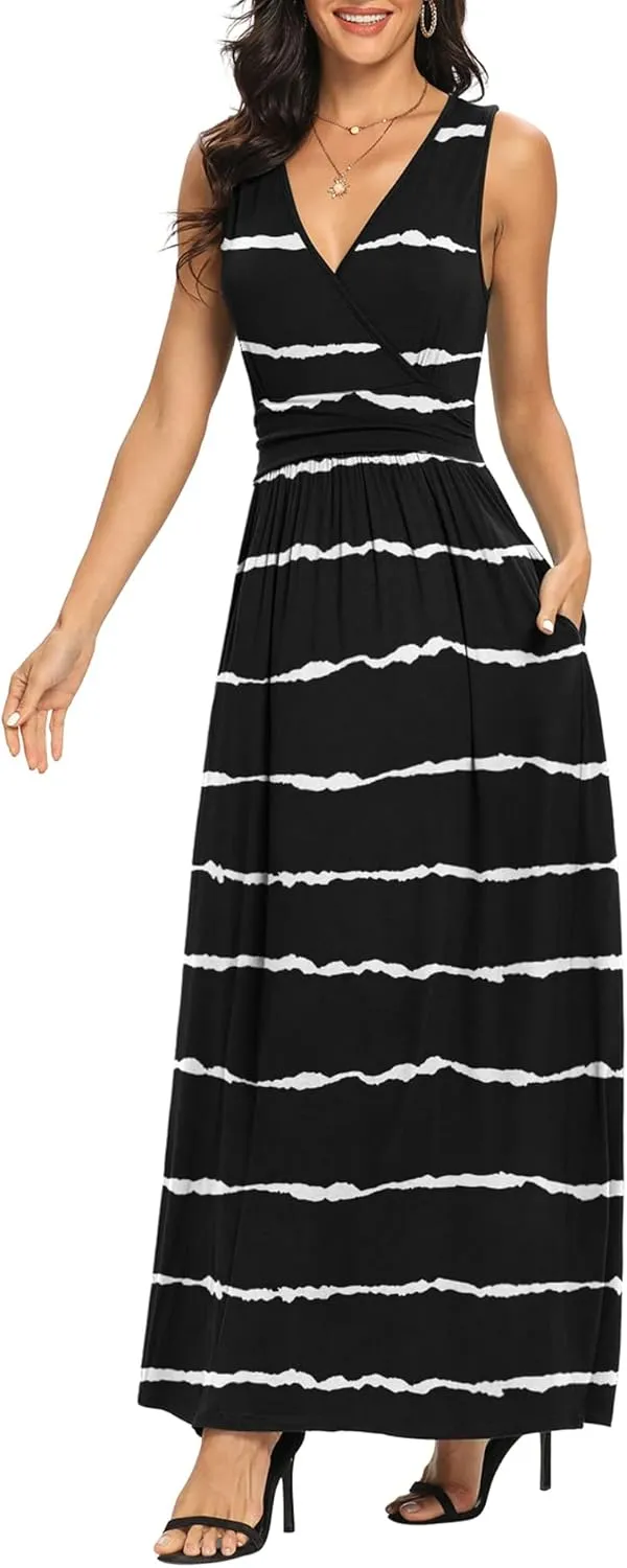 LILBETTER Women Sleeveless Deep V Neck Loose Plain Long Maxi Casual Dress
