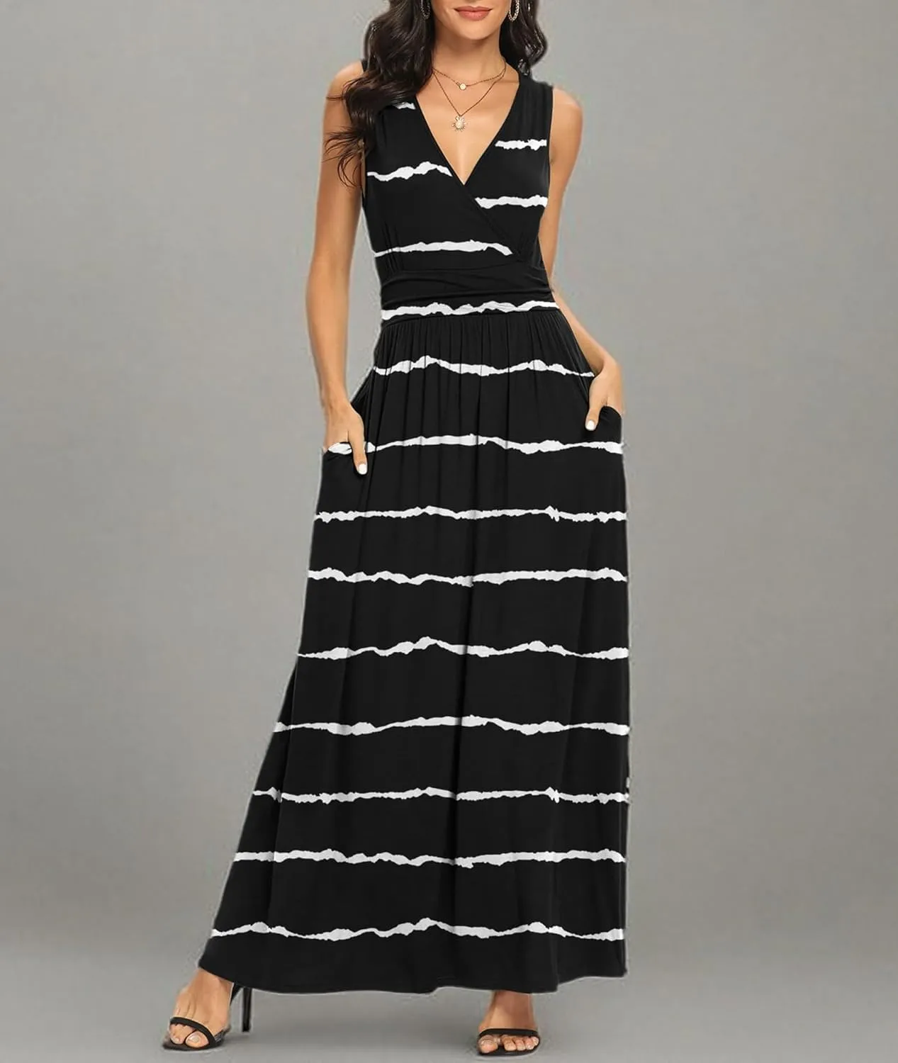 LILBETTER Women Sleeveless Deep V Neck Loose Plain Long Maxi Casual Dress