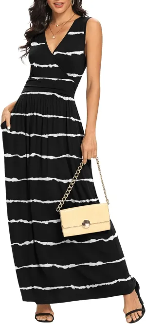 LILBETTER Women Sleeveless Deep V Neck Loose Plain Long Maxi Casual Dress