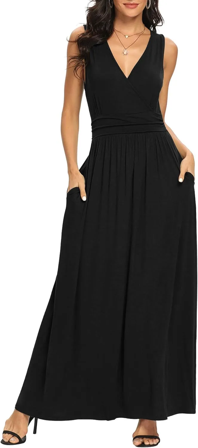 LILBETTER Women Sleeveless Deep V Neck Loose Plain Long Maxi Casual Dress