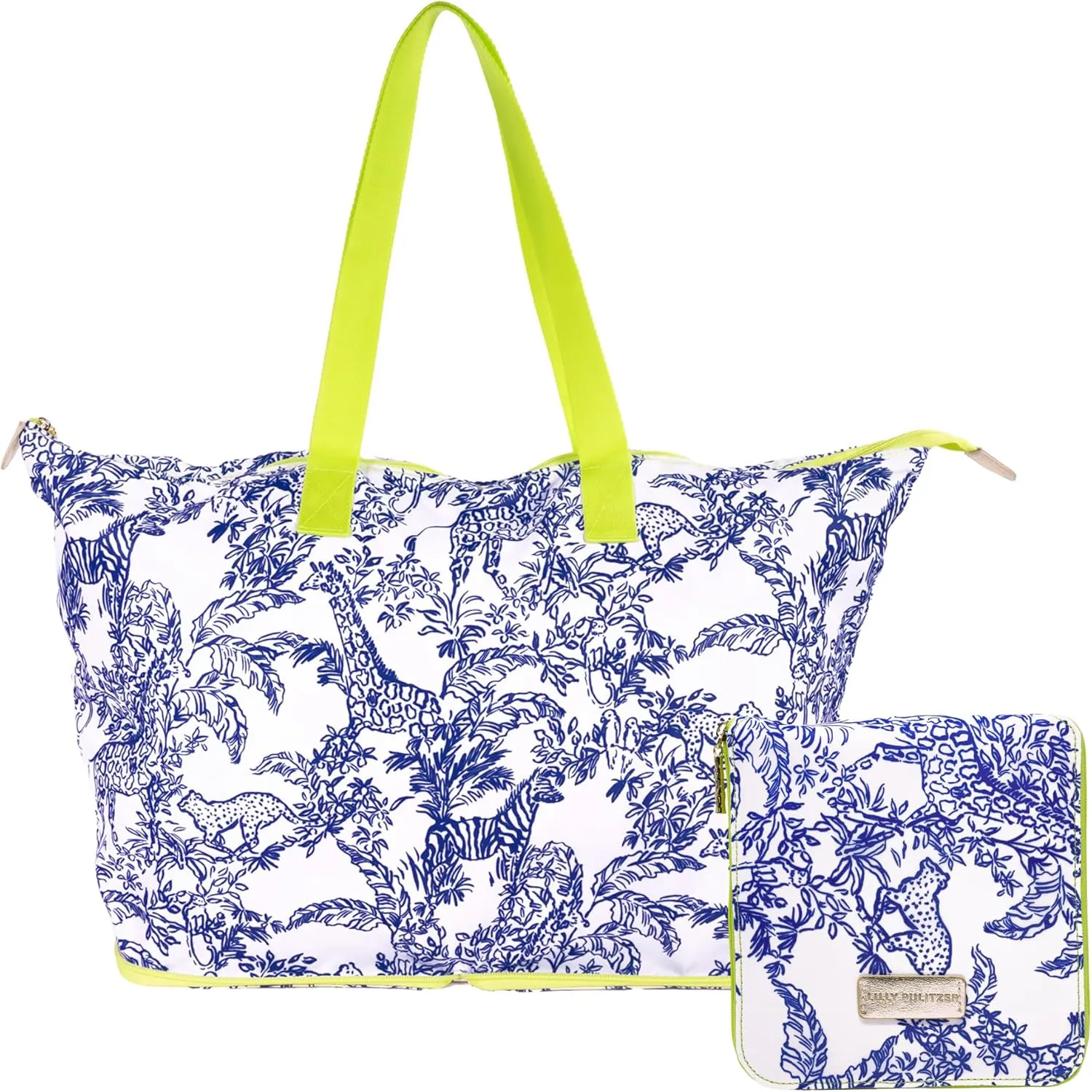 Lilly Pulitzer Large Packable Tote, Reusable Grocery Bag that Packs Into Itself, Tote with Shoulder Strap and Zipper, Safari Party