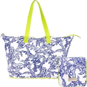 Lilly Pulitzer Large Packable Tote, Reusable Grocery Bag that Packs Into Itself, Tote with Shoulder Strap and Zipper, Safari Party