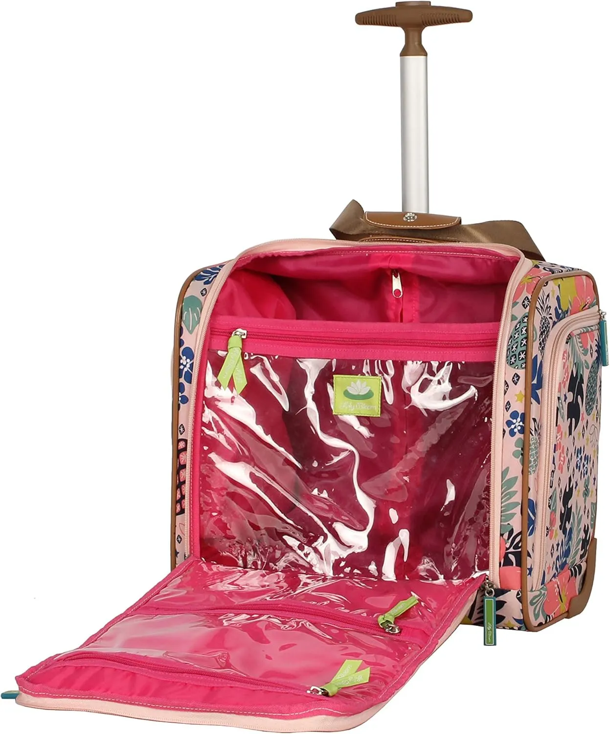 Lily Bloom Designer 15 Inch Carry On - Weekender Overnight Business Travel Luggage - Lightweight 2- Rolling Wheels Suitcase - Under Seat Rolling Bag for Women (Trop Pineapple)