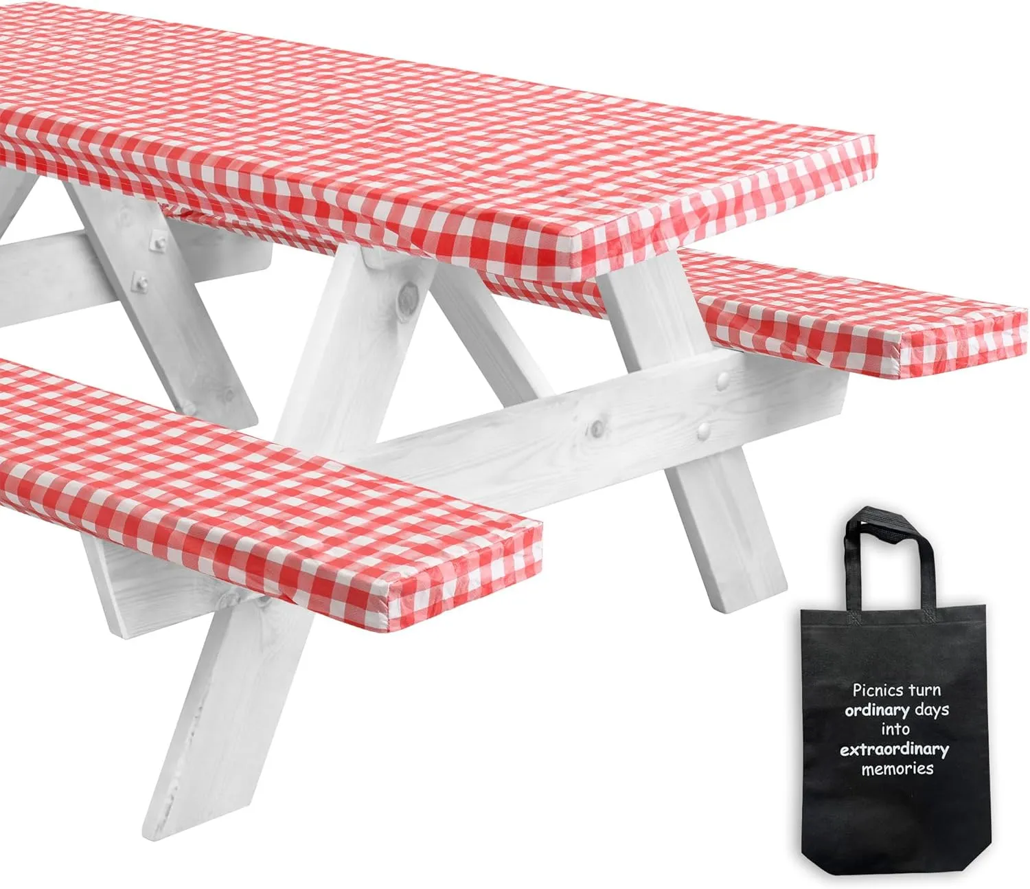 LINPRO 6ft Picnic Table Cover with Bench Covers Vinyl Fitted Picnic Table Covers with Elastic Camping Essentials and Picnic Tablecloth and RV Accessories