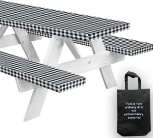 LINPRO 8ft Picnic Table Cover with Bench Covers Vinyl Fitted Picnic Table Covers with Elastic Camping Essentials and Picnic Tablecloth and RV Accessories