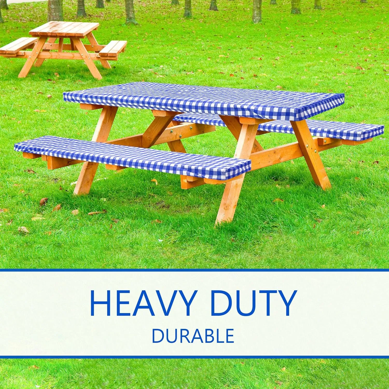 LINPRO 8ft Picnic Table Cover with Bench Covers Vinyl Fitted Picnic Table Covers with Elastic Camping Essentials and Picnic Tablecloth and RV Accessories