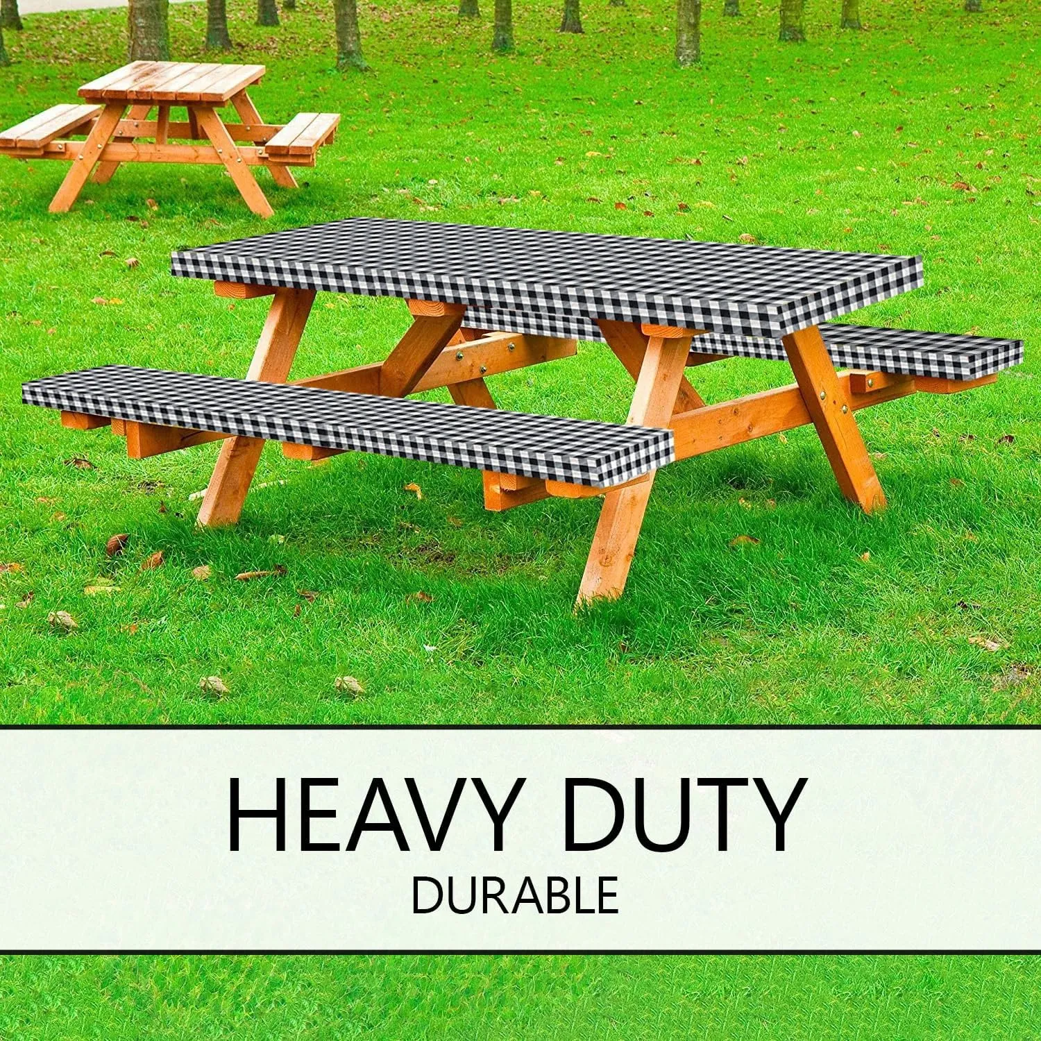 LINPRO 8ft Picnic Table Cover with Bench Covers Vinyl Fitted Picnic Table Covers with Elastic Camping Essentials and Picnic Tablecloth and RV Accessories