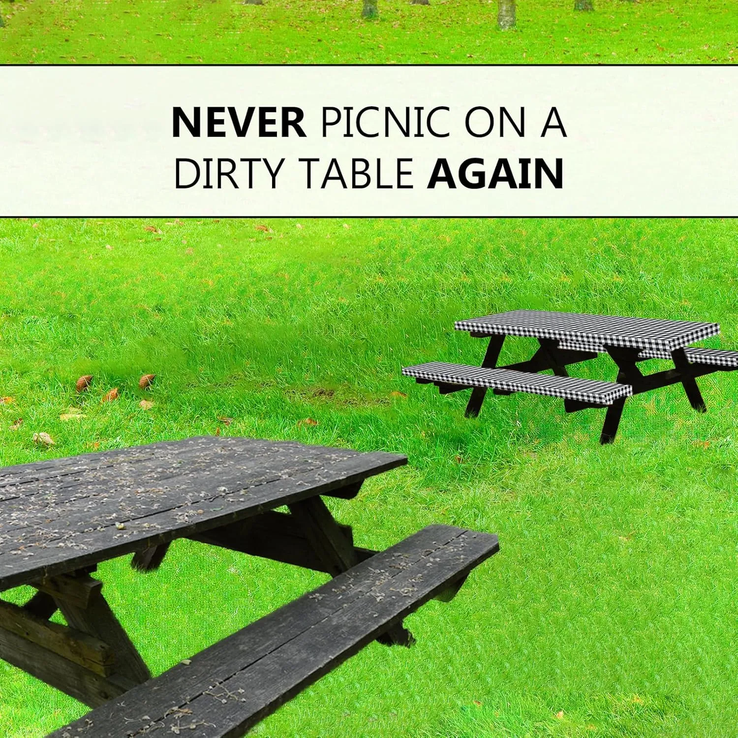 LINPRO 8ft Picnic Table Cover with Bench Covers Vinyl Fitted Picnic Table Covers with Elastic Camping Essentials and Picnic Tablecloth and RV Accessories