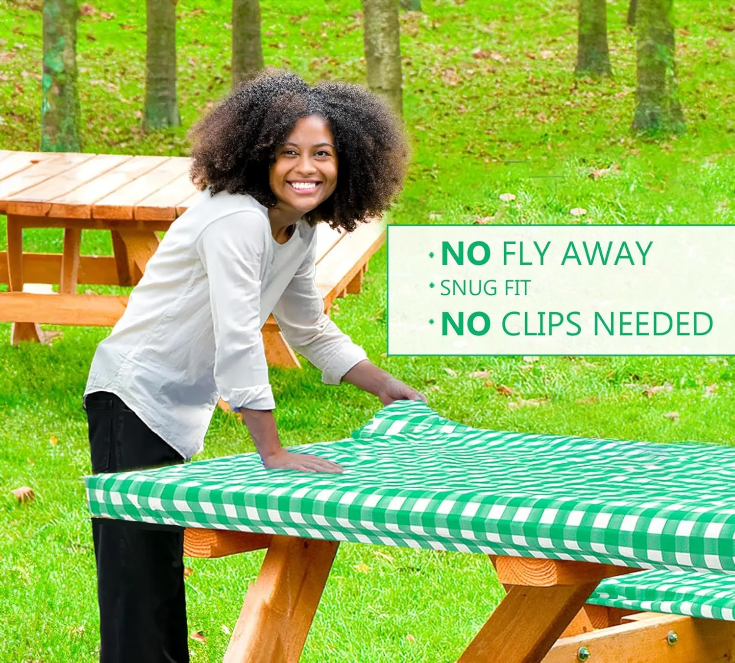 LINPRO 8ft Picnic Table Cover with Bench Covers Vinyl Fitted Picnic Table Covers with Elastic Camping Essentials and Picnic Tablecloth and RV Accessories
