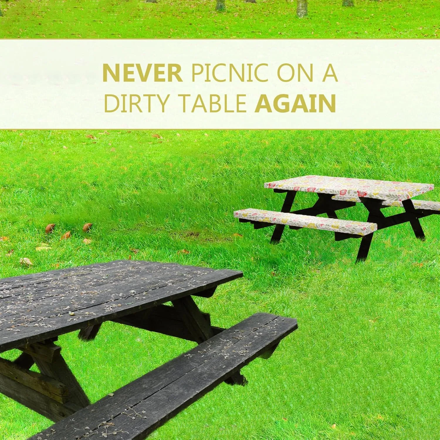 LINPRO 8ft Picnic Table Cover with Bench Covers Vinyl Fitted Picnic Table Covers with Elastic Camping Essentials and Picnic Tablecloth and RV Accessories