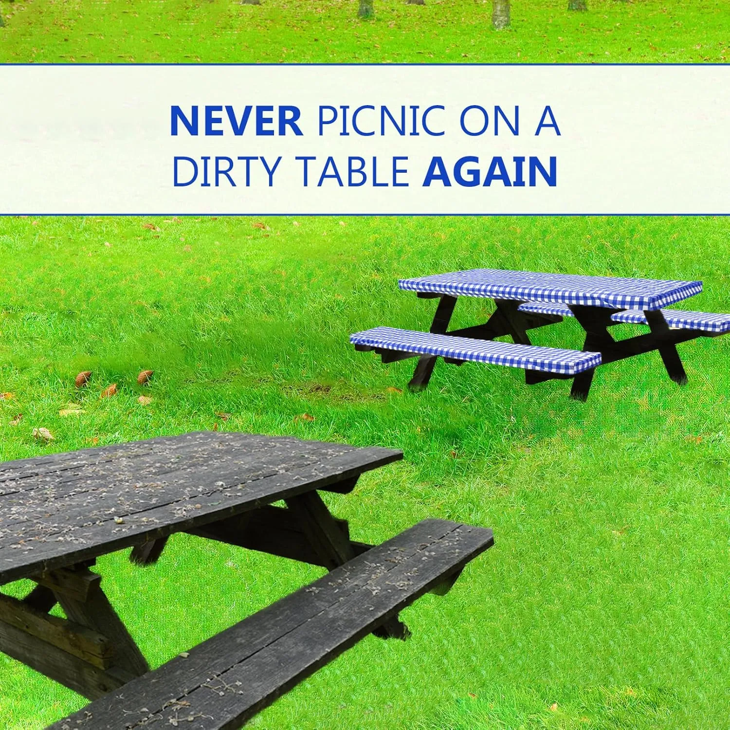 LINPRO 8ft Picnic Table Cover with Bench Covers Vinyl Fitted Picnic Table Covers with Elastic Camping Essentials and Picnic Tablecloth and RV Accessories