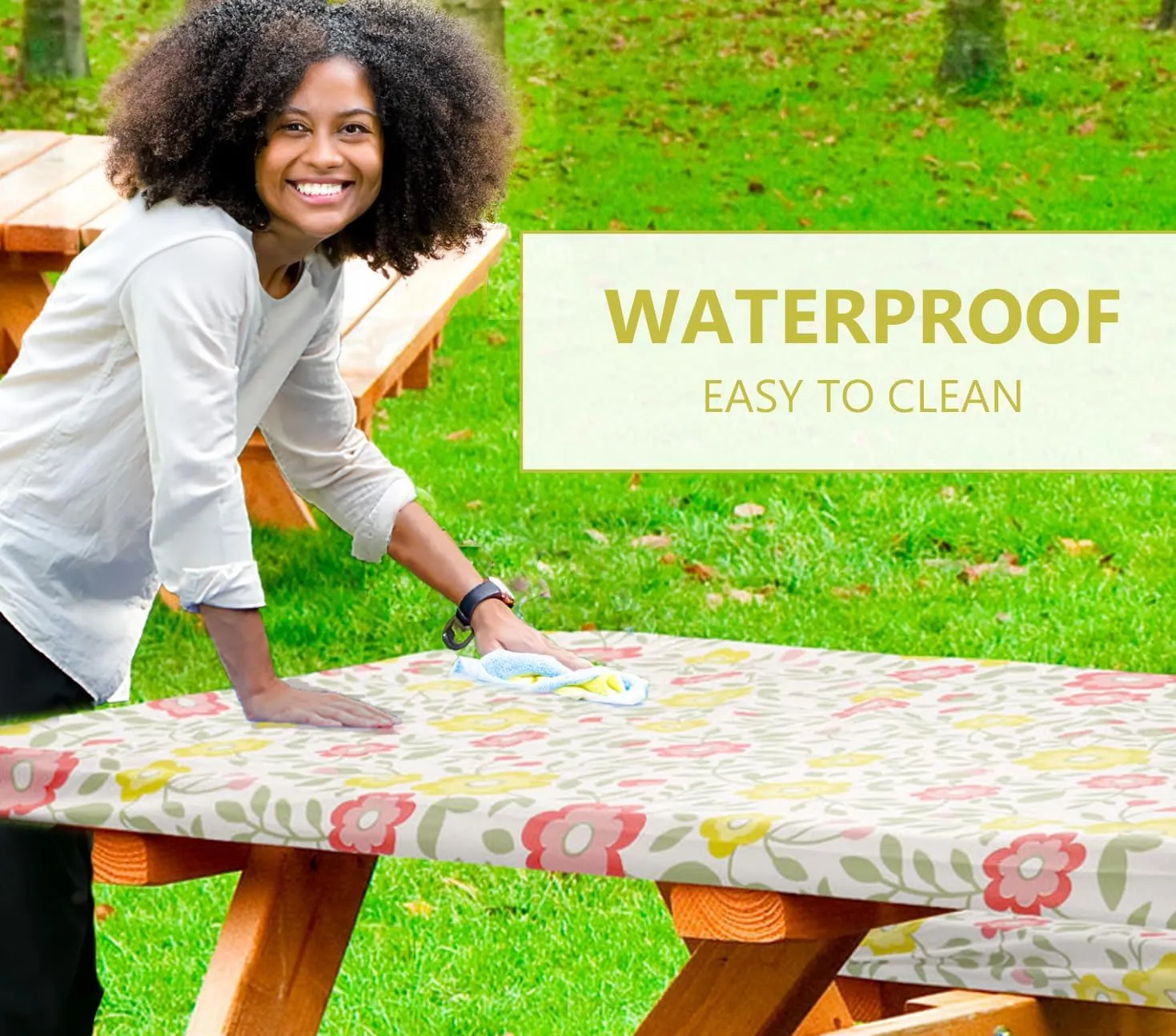 LINPRO 8ft Picnic Table Cover with Bench Covers Vinyl Fitted Picnic Table Covers with Elastic Camping Essentials and Picnic Tablecloth and RV Accessories