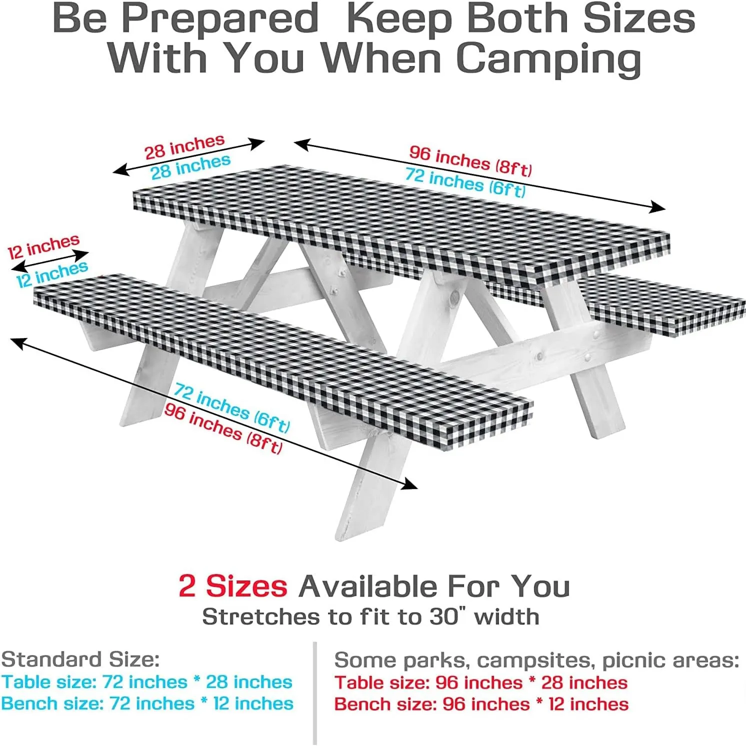 LINPRO 8ft Picnic Table Cover with Bench Covers Vinyl Fitted Picnic Table Covers with Elastic Camping Essentials and Picnic Tablecloth and RV Accessories