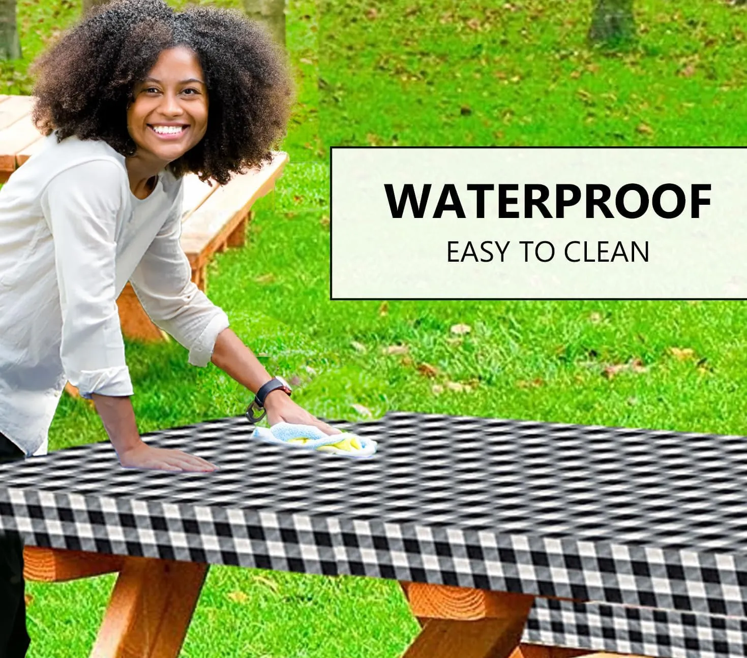 LINPRO 8ft Picnic Table Cover with Bench Covers Vinyl Fitted Picnic Table Covers with Elastic Camping Essentials and Picnic Tablecloth and RV Accessories