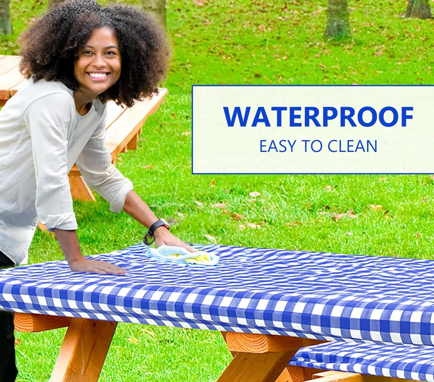 LINPRO 8ft Picnic Table Cover with Bench Covers Vinyl Fitted Picnic Table Covers with Elastic Camping Essentials and Picnic Tablecloth and RV Accessories