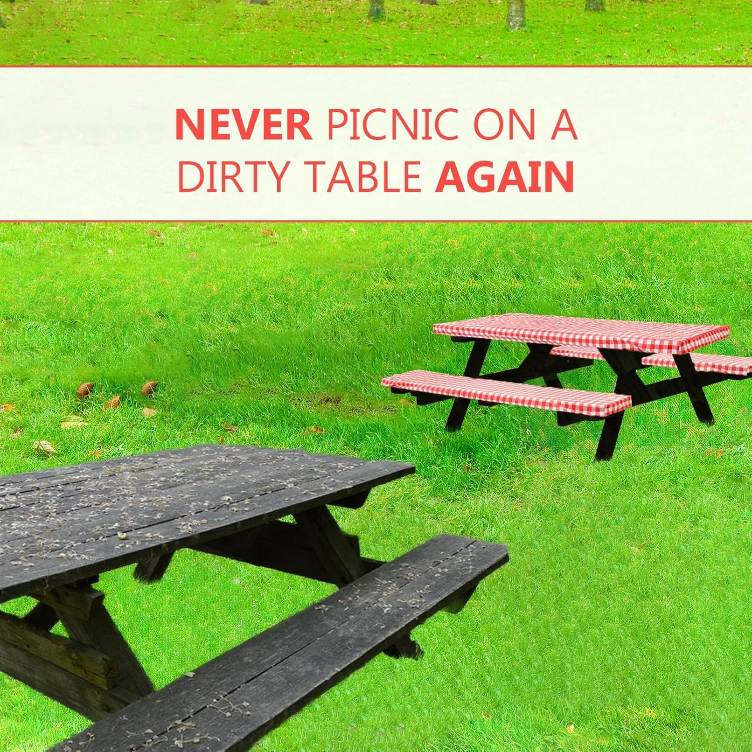 LINPRO 8ft Picnic Table Cover with Bench Covers Vinyl Fitted Picnic Table Covers with Elastic Camping Essentials and Picnic Tablecloth and RV Accessories