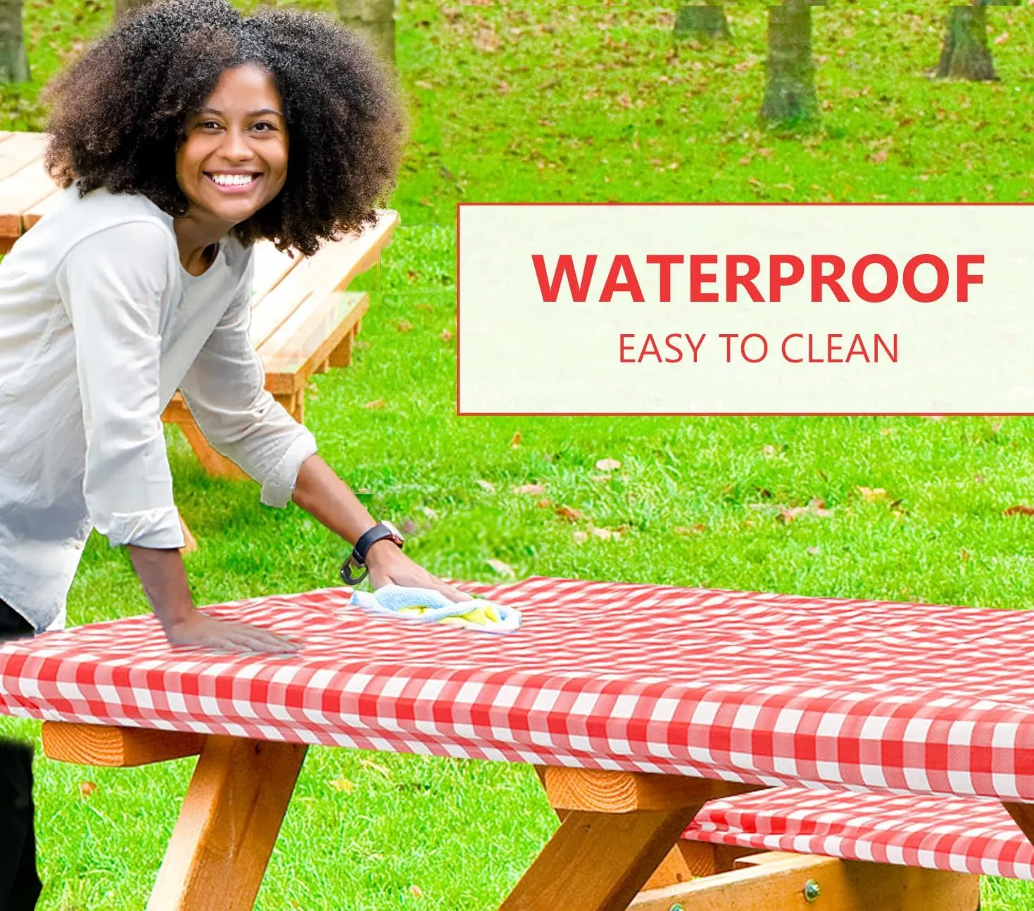 LINPRO 8ft Picnic Table Cover with Bench Covers Vinyl Fitted Picnic Table Covers with Elastic Camping Essentials and Picnic Tablecloth and RV Accessories