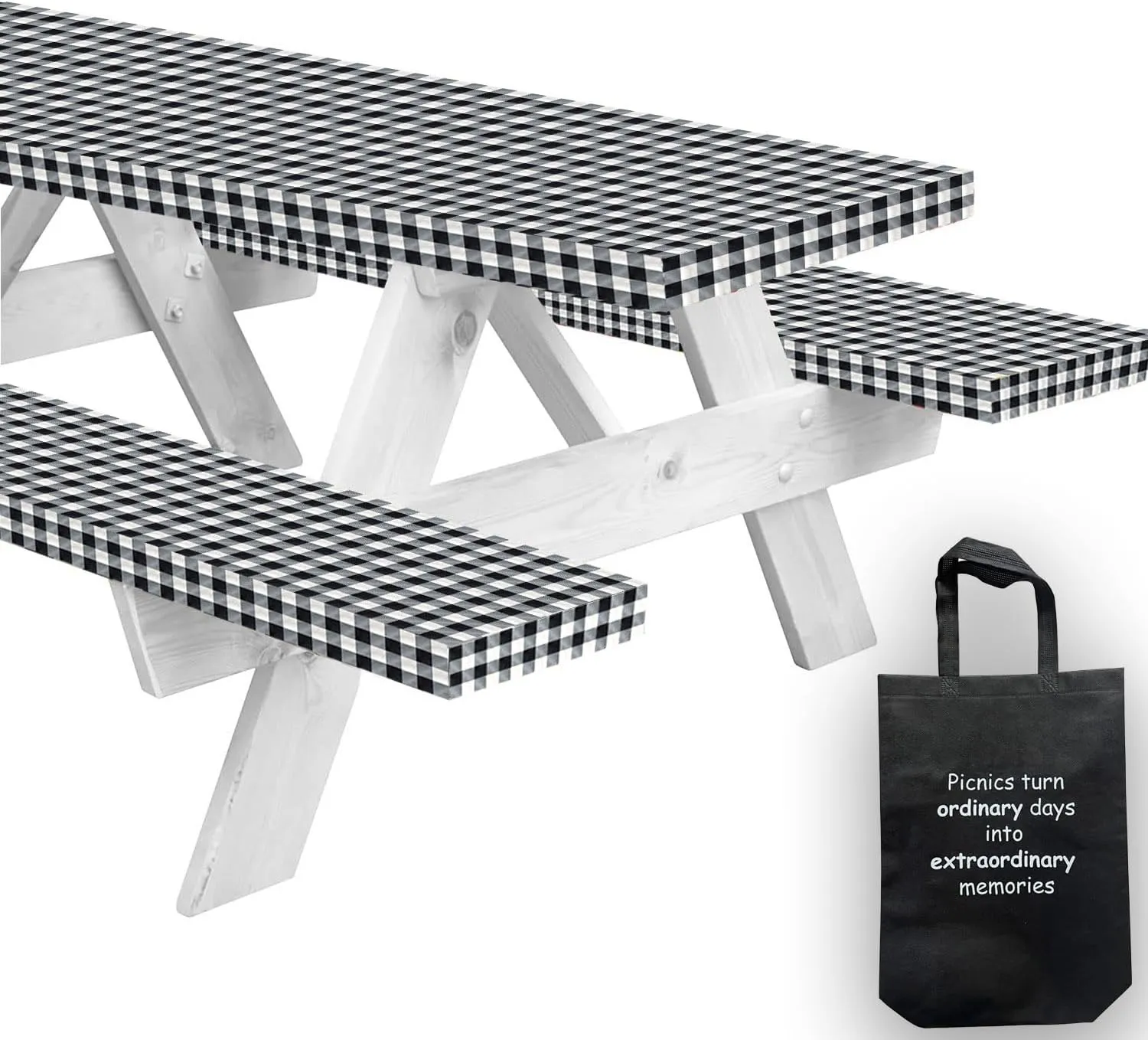 LINPRO 8ft Picnic Table Cover with Bench Covers Vinyl Fitted Picnic Table Covers with Elastic Camping Essentials and Picnic Tablecloth and RV Accessories