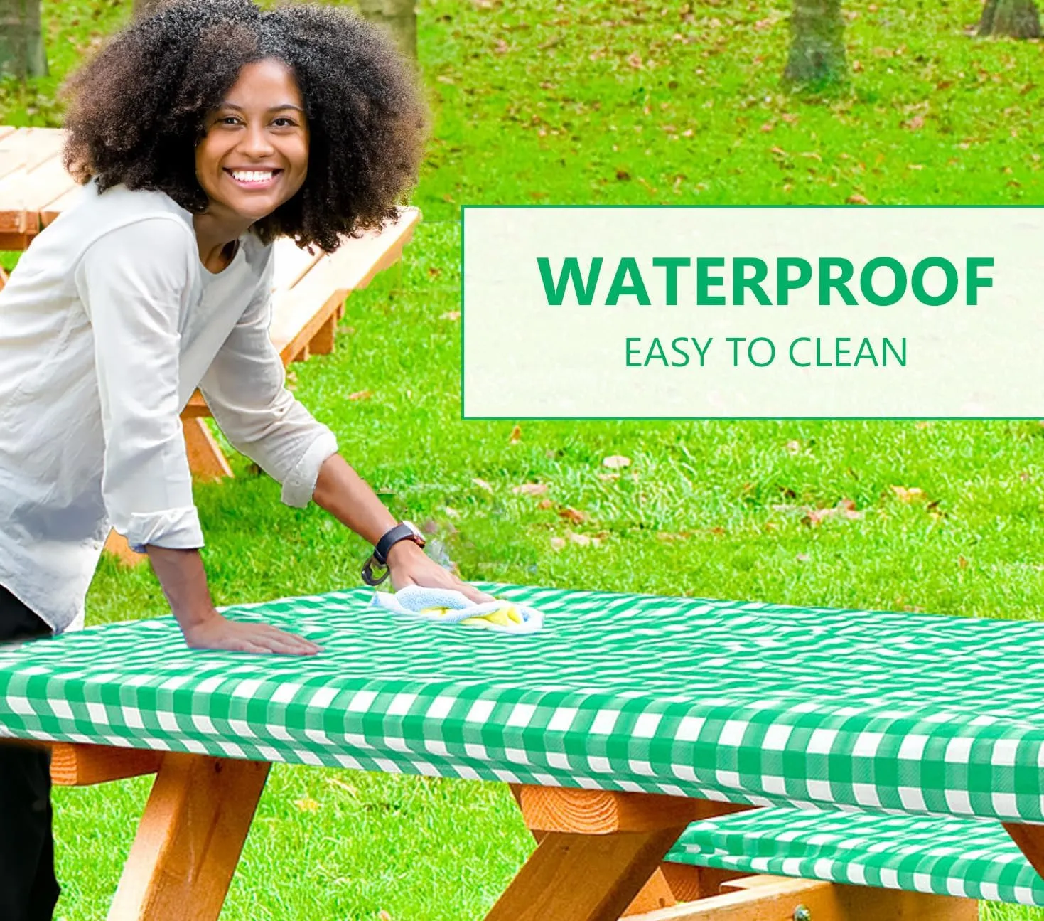 LINPRO 8ft Picnic Table Cover with Bench Covers Vinyl Fitted Picnic Table Covers with Elastic Camping Essentials and Picnic Tablecloth and RV Accessories