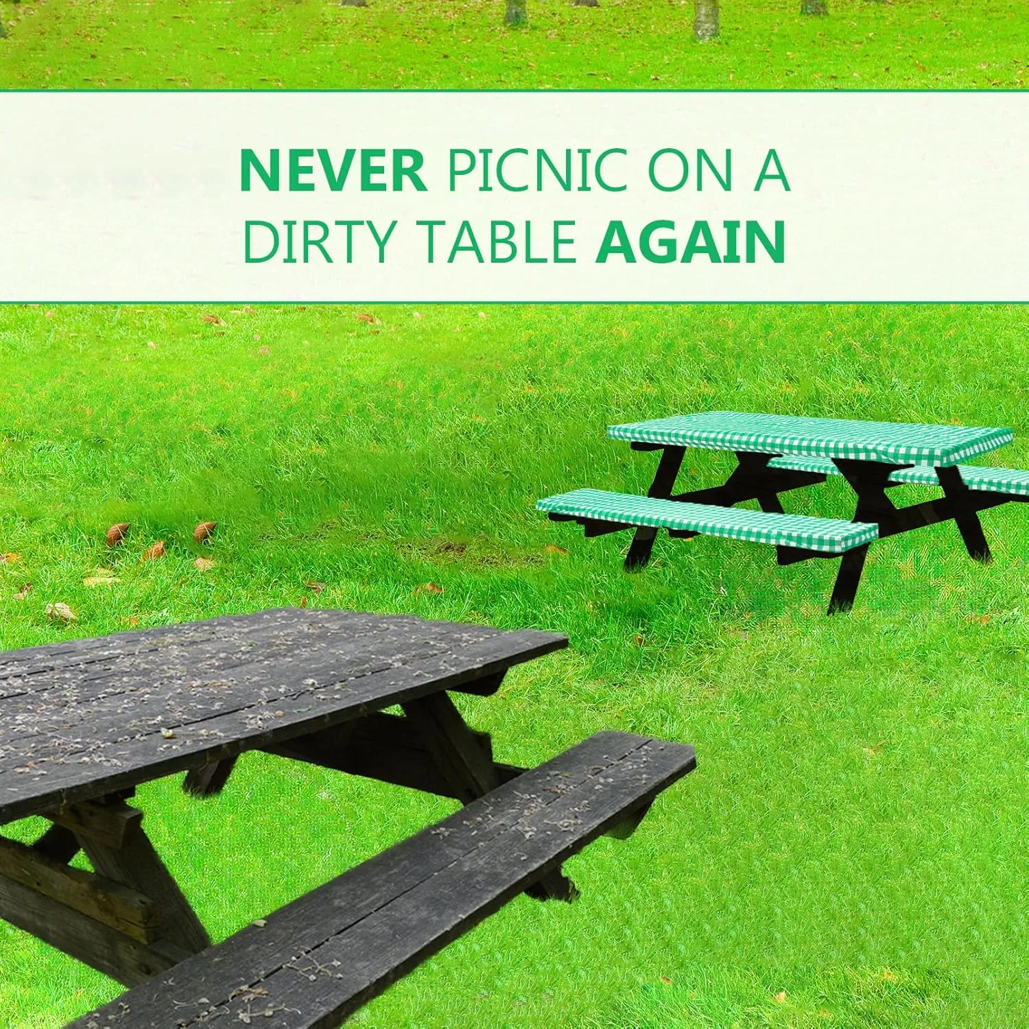 LINPRO 8ft Picnic Table Cover with Bench Covers Vinyl Fitted Picnic Table Covers with Elastic Camping Essentials and Picnic Tablecloth and RV Accessories