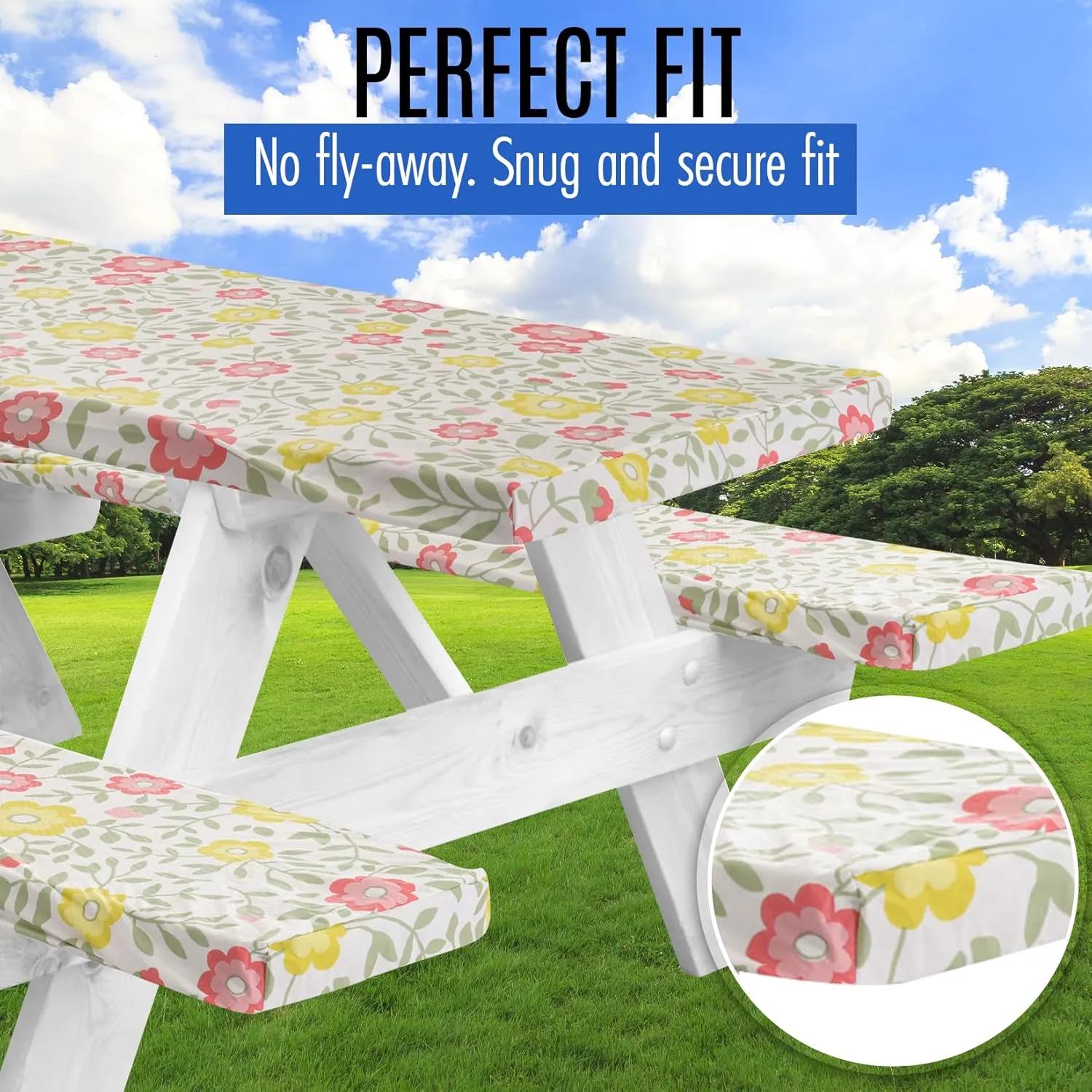 LINPRO Premium Picnic Table Cover with Bench Covers Vinyl Fitted Picnic Table Covers with Elastic RV Camping Accessories and Camper Must Haves Waterproof (Spring and Summer Flowers, 72 x 30 (6ft))