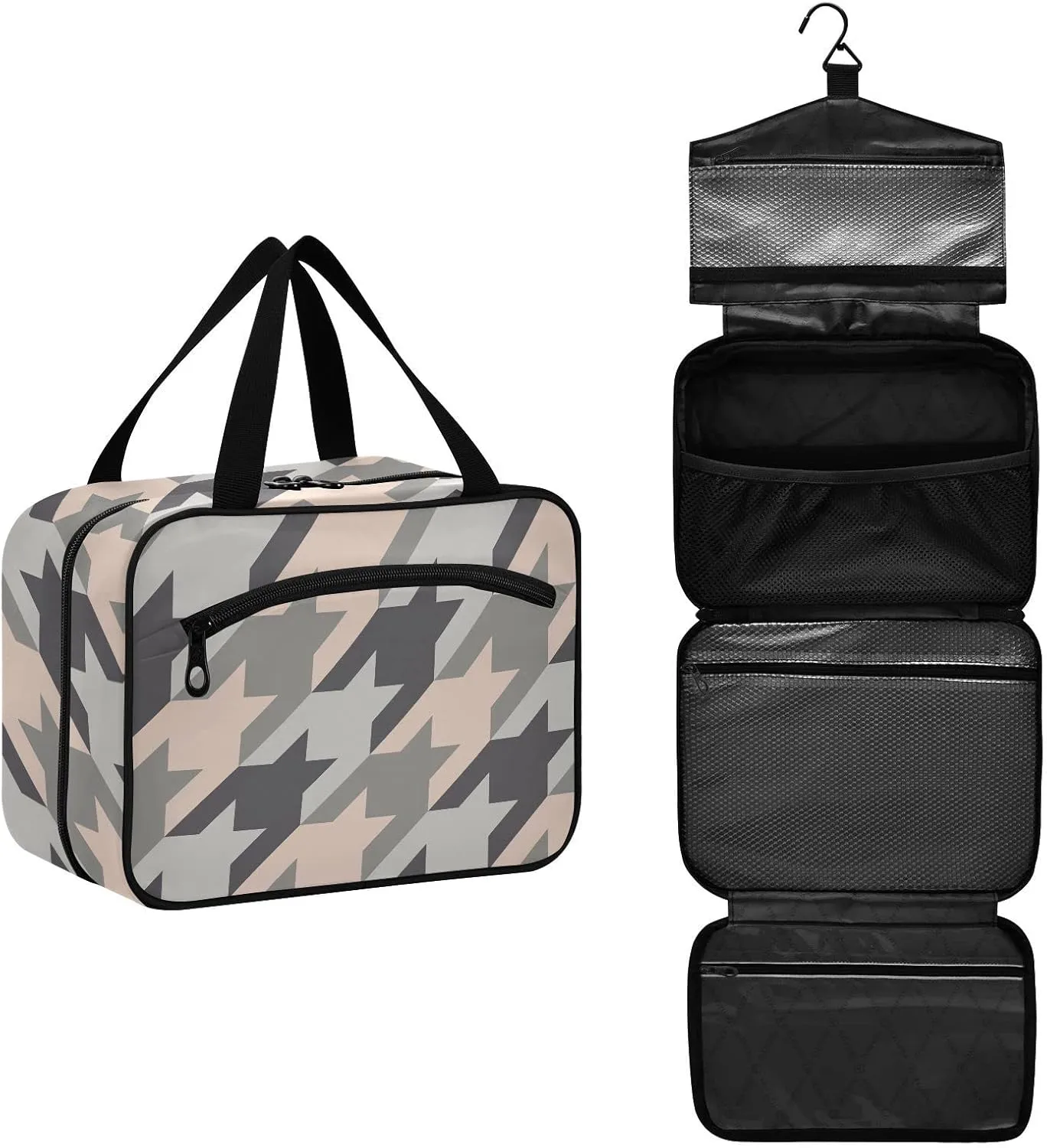 linqin Toiletry Bag for Travel, Mosaic Houndstooth Checkered Makeup Bag Large Cosmetic Bag Organizer with Hanging Hook for Women Men