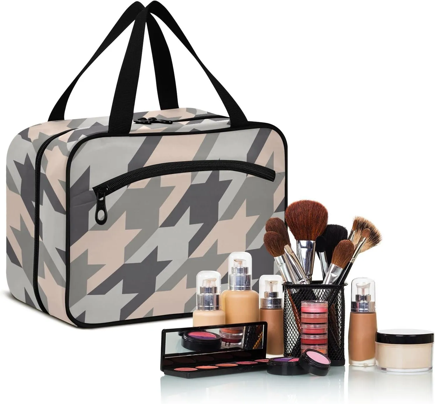 linqin Toiletry Bag for Travel, Mosaic Houndstooth Checkered Makeup Bag Large Cosmetic Bag Organizer with Hanging Hook for Women Men
