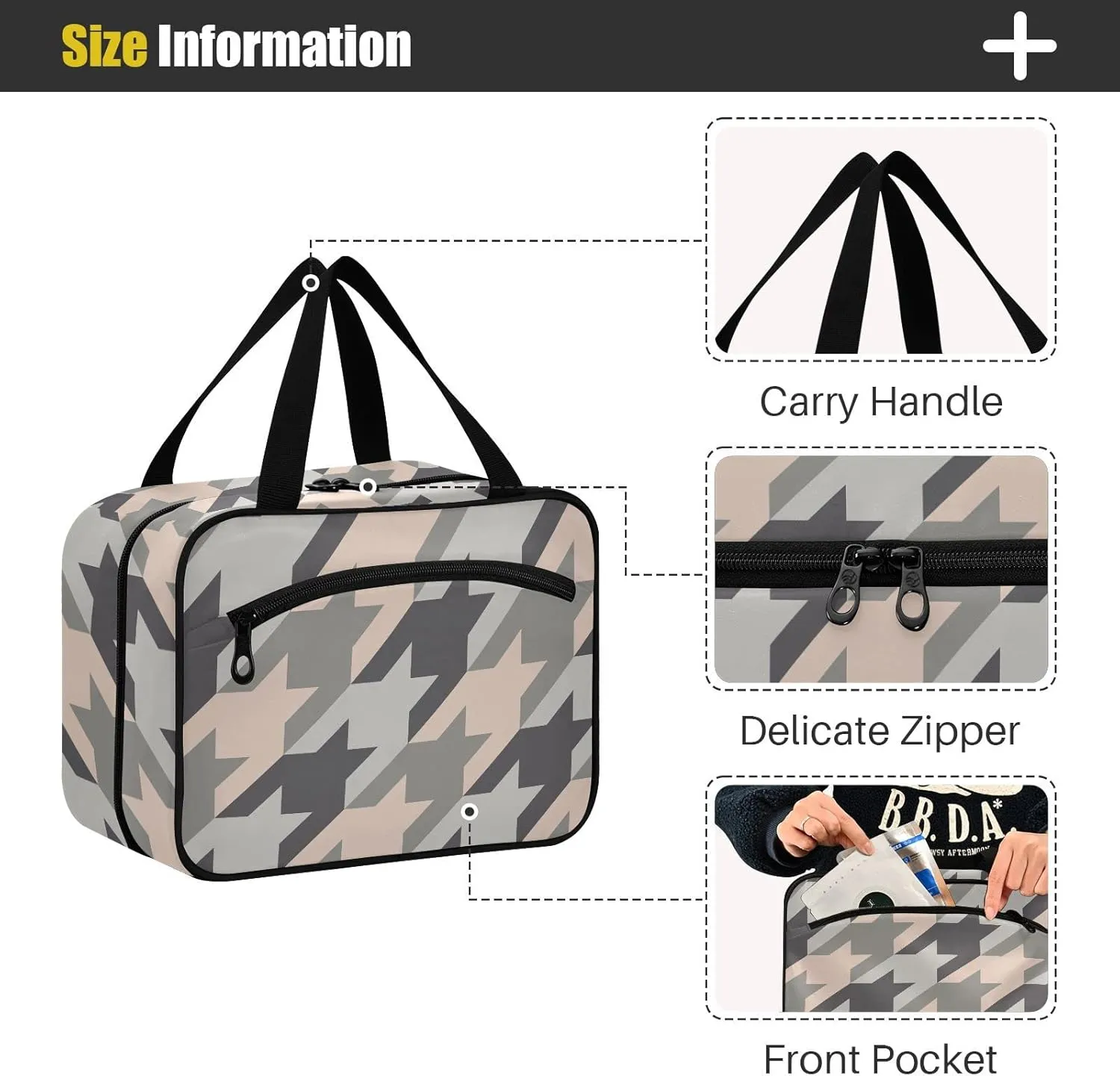 linqin Toiletry Bag for Travel, Mosaic Houndstooth Checkered Makeup Bag Large Cosmetic Bag Organizer with Hanging Hook for Women Men