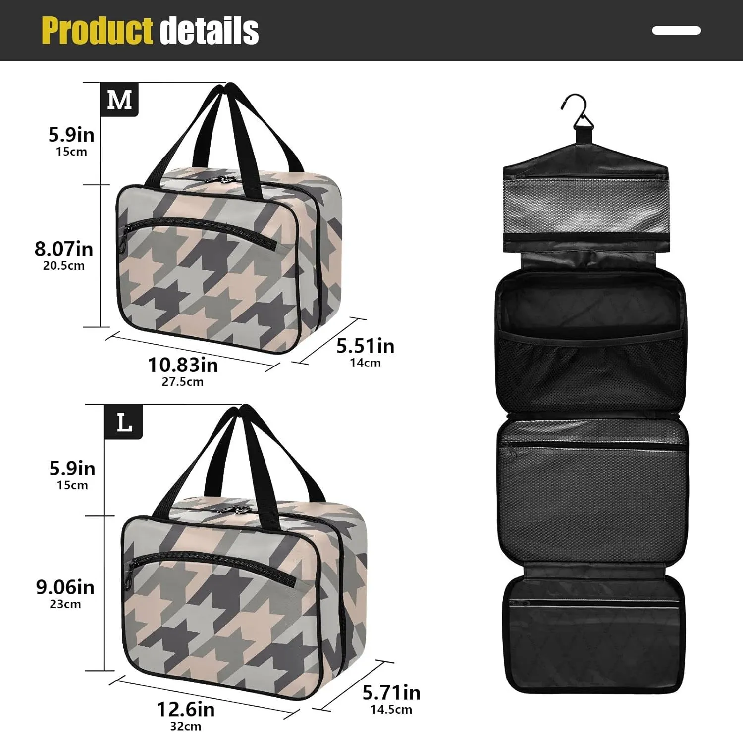 linqin Toiletry Bag for Travel, Mosaic Houndstooth Checkered Makeup Bag Large Cosmetic Bag Organizer with Hanging Hook for Women Men