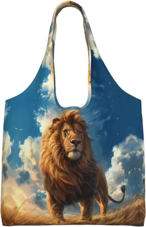 Lion on grassland Large capacity single-shoulder commuter canvas bag, suitable for shopping, travel, multi-purpose, light and not shoulder-squeezing
