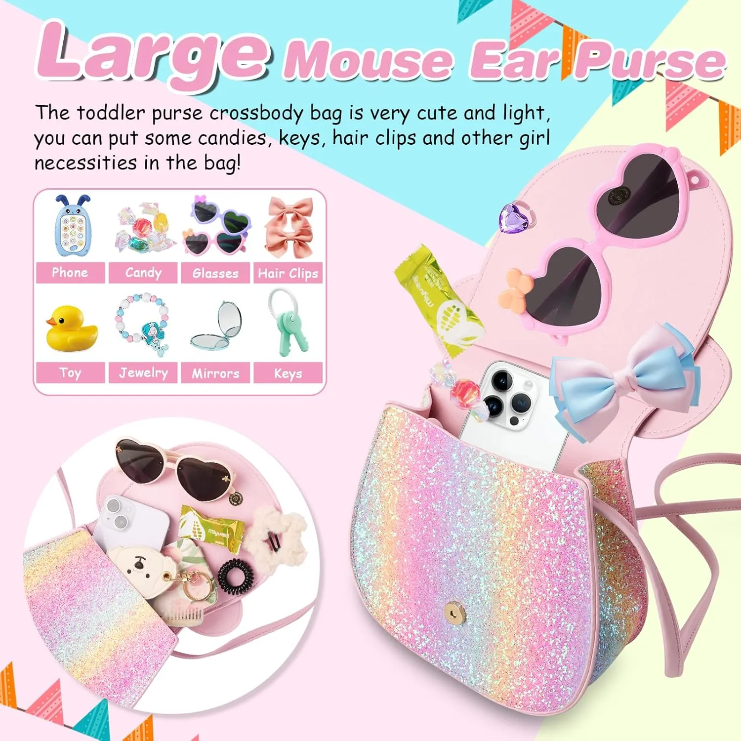 Little Girl Toddler Purse - Cute Mouse Ear Bow Crossbody Bag for 2-8 Year Olds - Birthday Gift