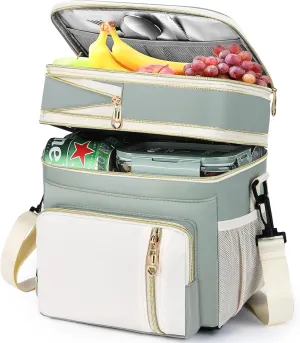 LOKASS Lunch Box for Women, 16L, Double Deck Expandable Insulated Lunch box For Adults/Women Thermal Large Waterproof Leakproof Cooler Bag with Shoulder Strap - Grey Green