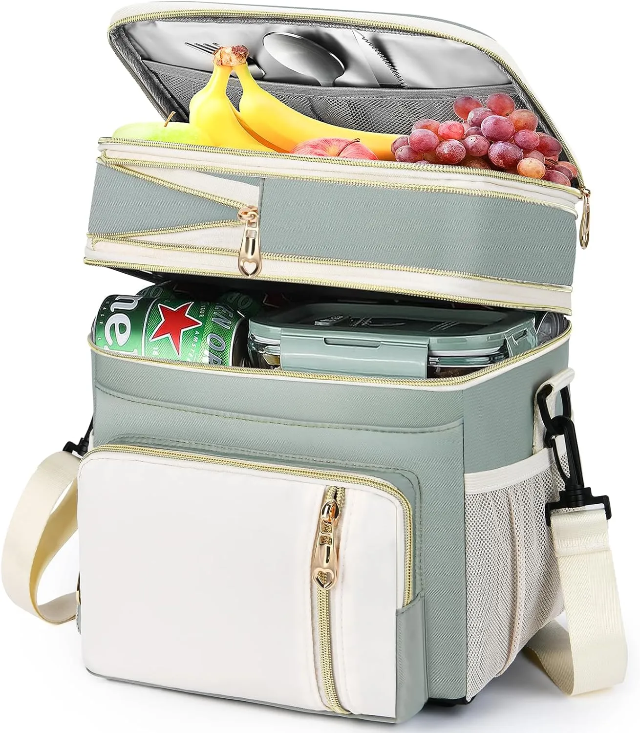 LOKASS Lunch Box for Women, 16L, Double Deck Expandable Insulated Lunch box For Adults/Women Thermal Large Waterproof Leakproof Cooler Bag with Shoulder Strap - Grey Green