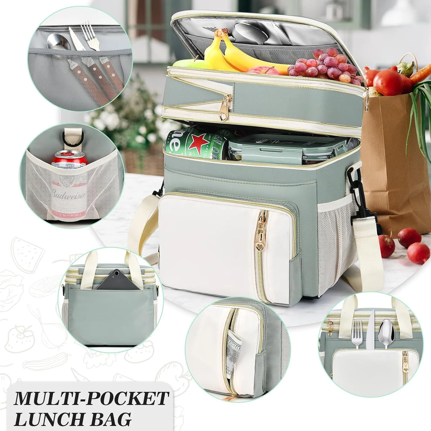 LOKASS Lunch Box for Women, 16L, Double Deck Expandable Insulated Lunch box For Adults/Women Thermal Large Waterproof Leakproof Cooler Bag with Shoulder Strap - Grey Green