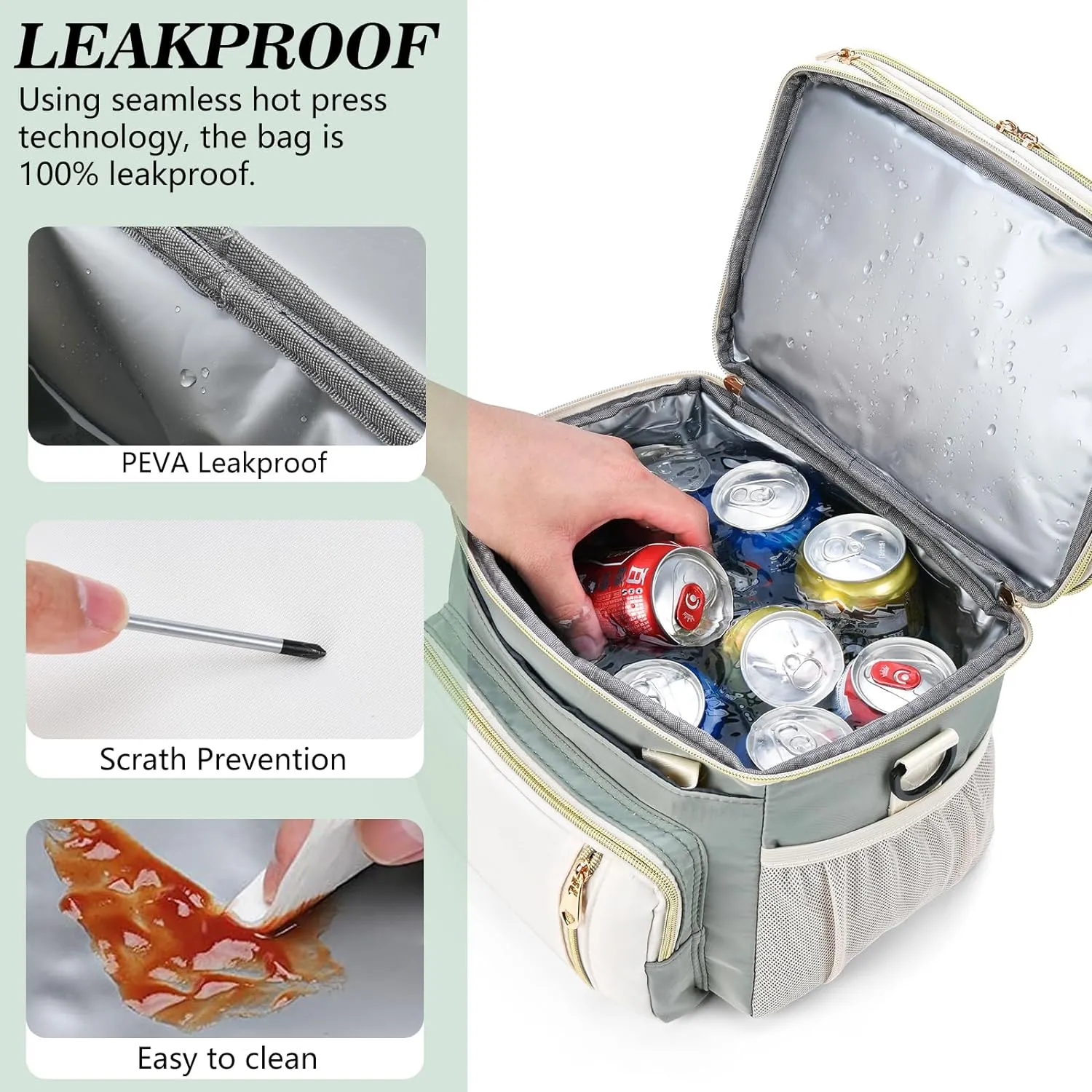 LOKASS Lunch Box for Women, 16L, Double Deck Expandable Insulated Lunch box For Adults/Women Thermal Large Waterproof Leakproof Cooler Bag with Shoulder Strap - Grey Green