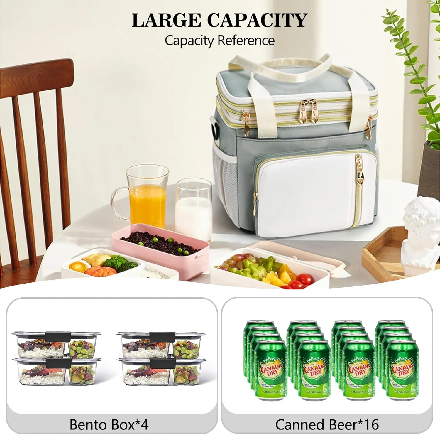 LOKASS Lunch Box for Women, 16L, Double Deck Expandable Insulated Lunch box For Adults/Women Thermal Large Waterproof Leakproof Cooler Bag with Shoulder Strap - Grey Green
