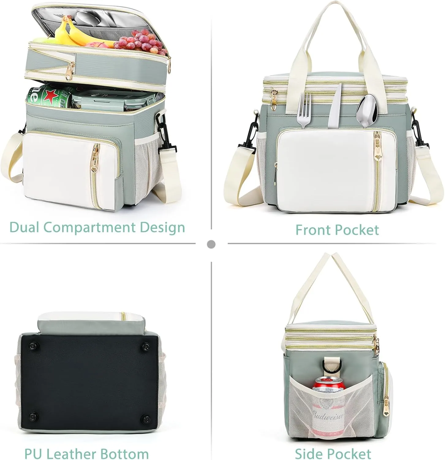LOKASS Lunch Box for Women, 16L, Double Deck Expandable Insulated Lunch box For Adults/Women Thermal Large Waterproof Leakproof Cooler Bag with Shoulder Strap - Grey Green