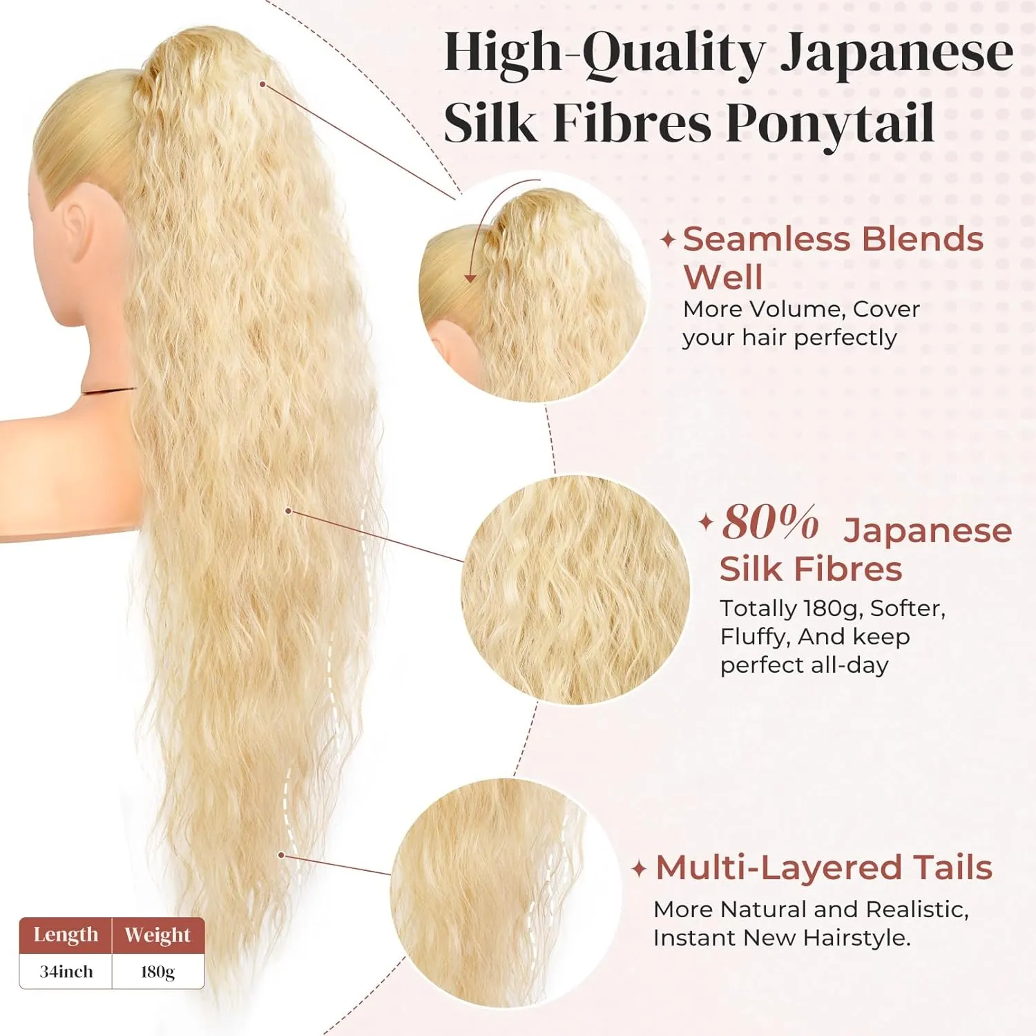 LONAI Ponytail Extension, 34" Long Wavy Drawstring Ponytail Extensions, DP001 Softer Lighter 80% Japanese Import Synthetic Clip in Hair Extensions Natural Looking Hairpiece for Women-Honey Blonde