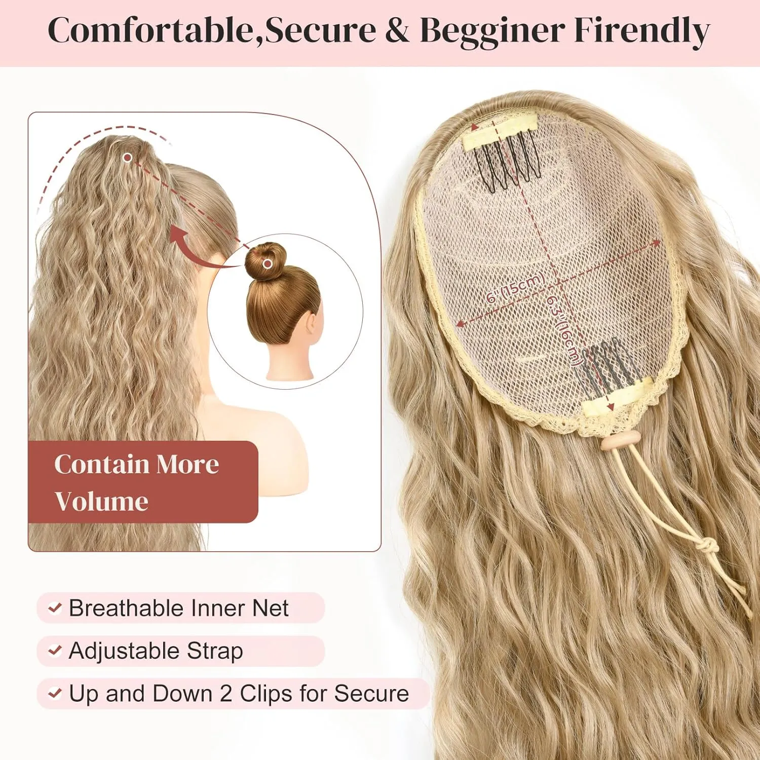 LONAI Ponytail Extension, 34" Long Wavy Drawstring Ponytail Extensions, DP001 Softer Lighter 80% Japanese Import Synthetic Clip in Hair Extensions Natural Looking Hairpiece for Women-Honey Blonde