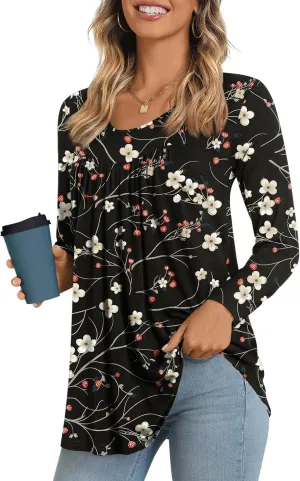 LONGYUAN Women's Long Sleeve Casual Tunics Tops 2025 Winter Loose Shirts Flare Blouse Comfy Elastic Cute