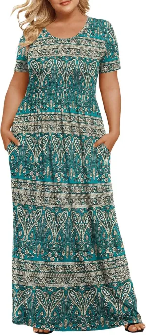 LONGYUAN Women's Plus Size Maxi Dresses for Curvy Women Summer Short Sleeve Casual 2025 Long Dress XL-6XL