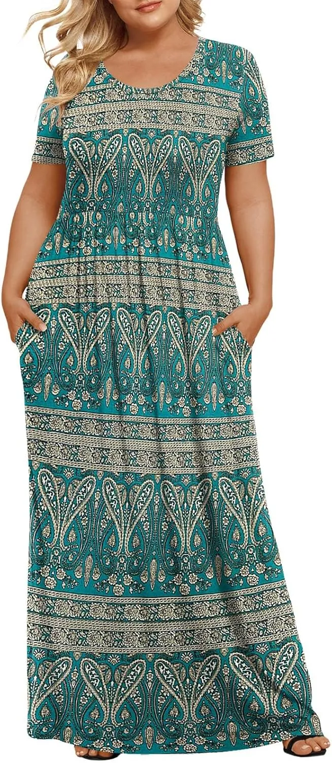 LONGYUAN Women's Plus Size Maxi Dresses for Curvy Women Summer Short Sleeve Casual 2025 Long Dress XL-6XL
