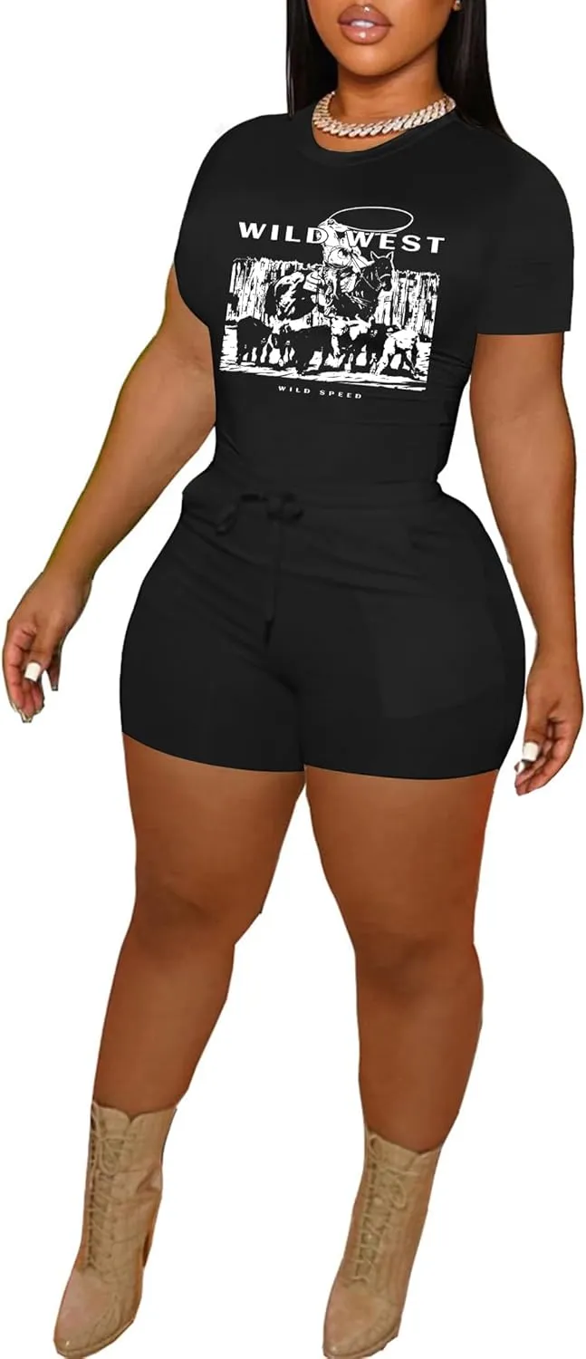 LovelyWholesale Women's Summer 2 Piece Outfits Skinny Shorts Tracksuit Sets