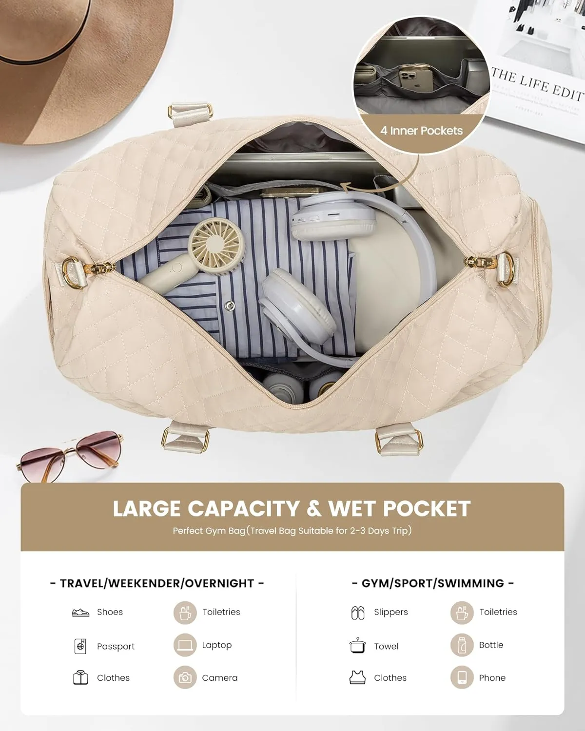 LOVEVOOK Travel Duffle Bag, Weekender Bag for Women with Toiletry Bag, Carry on Overnight Bag with Shoe Compartment,Gym Duffel Bag with Wet Pocket,Mommy Hospital Bags for Labor and Delivery 3Pcs