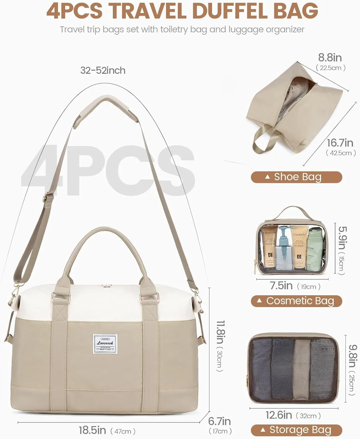 LOVEVOOK Travel Duffle Bag Women,Weekender Bags with Clear Toiletry, Carry on Overnight with Shoe Bag,Hospital Bags for Labor Delivery with Packing Cube